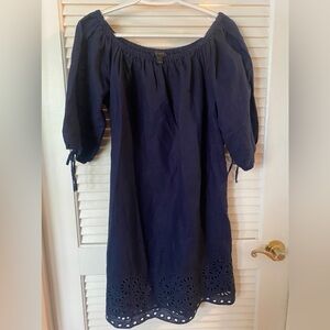 J.Crew off the shoulder navy women’s linen dress with eyelet trim Size Large